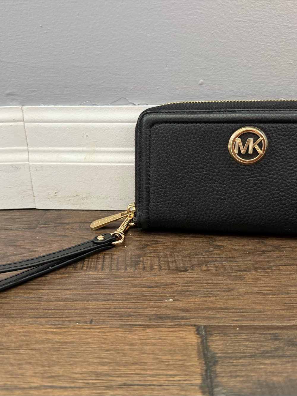 Michael Kors Black Leather Wristlet with Gold MK Accent